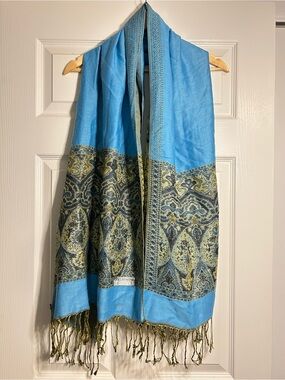 Pashmina Blue Gold Ornate Paisley Shawl Wrap Fringe Boho